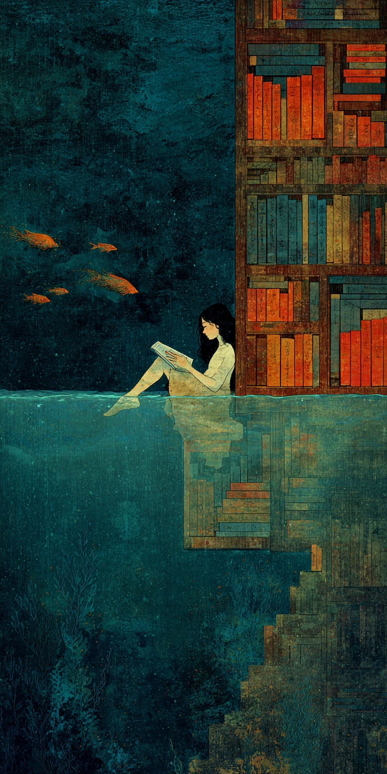 Surreal woman dreaming within a mysterious drowned library