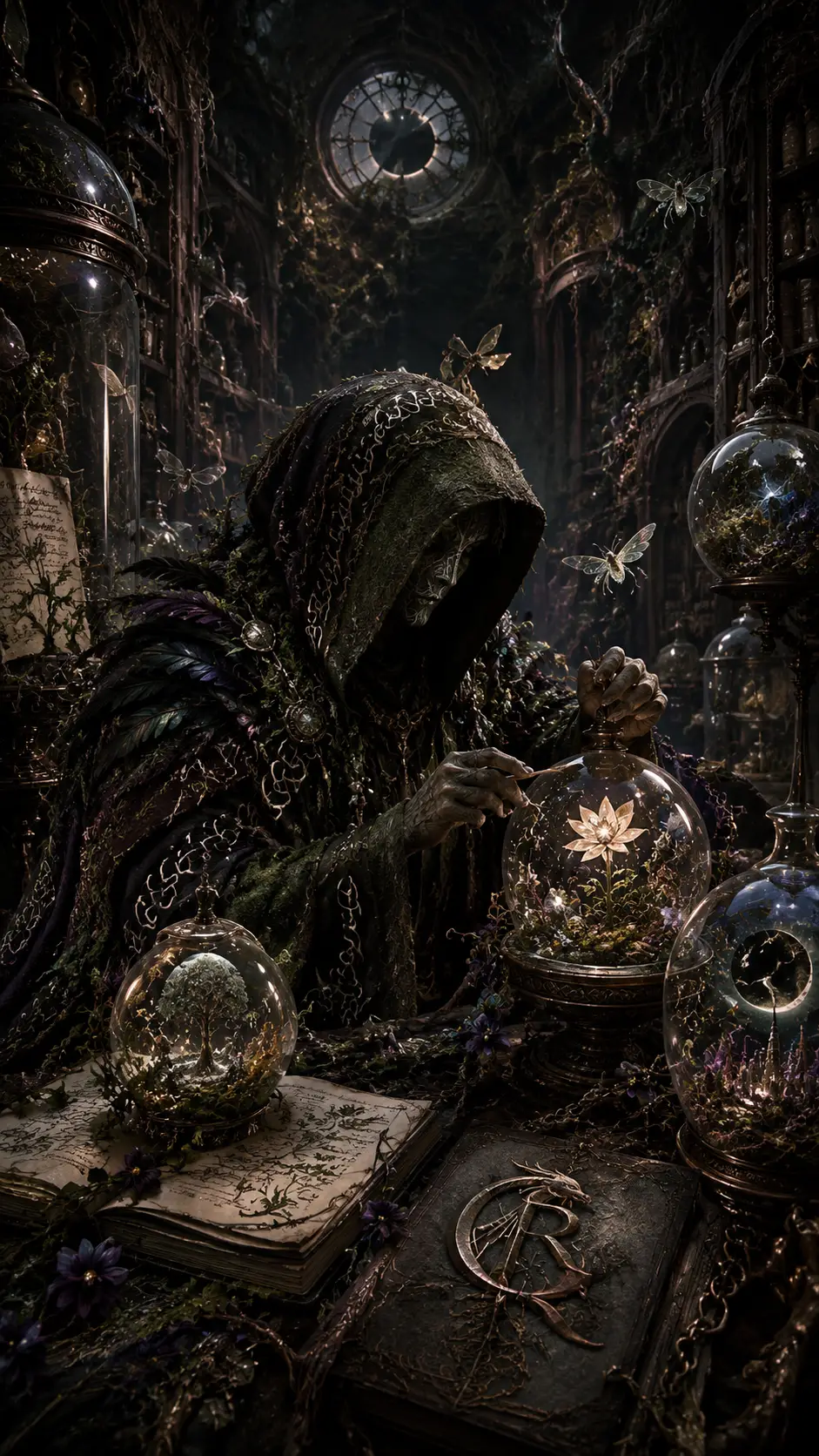 Hooded guardian in an infinite gothic memory library