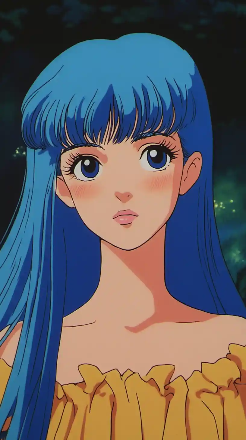 Blue haired anime girl in a vintage nightgown