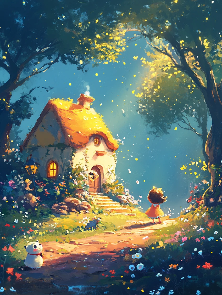 Whimsical cute character in pastel childrens storybook style