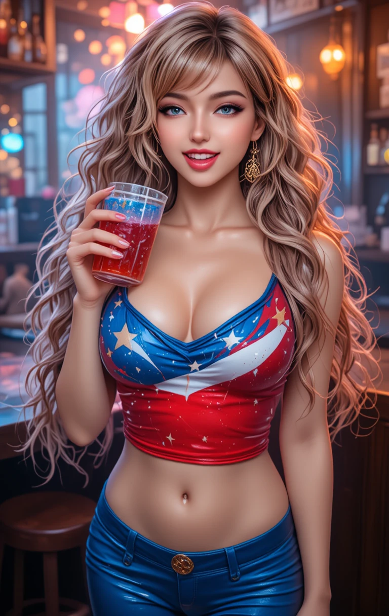 Glamorous red haired woman at a bar with colorful drink