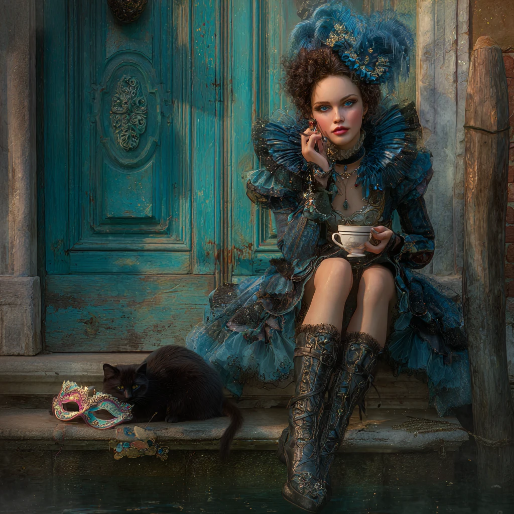 Venetian fantasy woman resting by a turquoise canal doorway