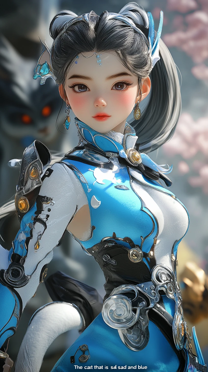 Anime woman in blue armor with charming sly smile