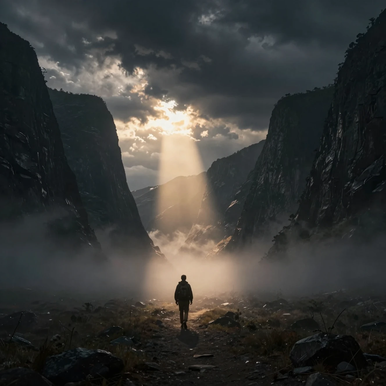 Lone traveler in misty valley under stormy divine light