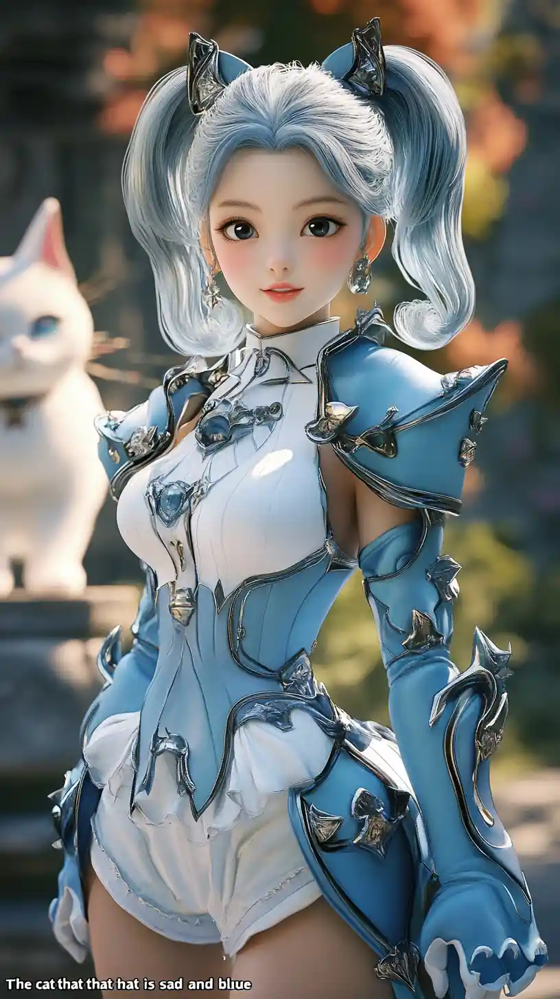 Kawaii blue armored anime woman with sly smile portrait