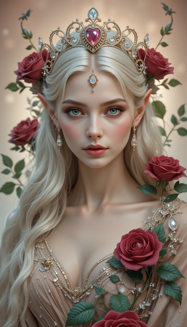 Ethereal Elven Queen Portrait With Roses And Crystal Crown