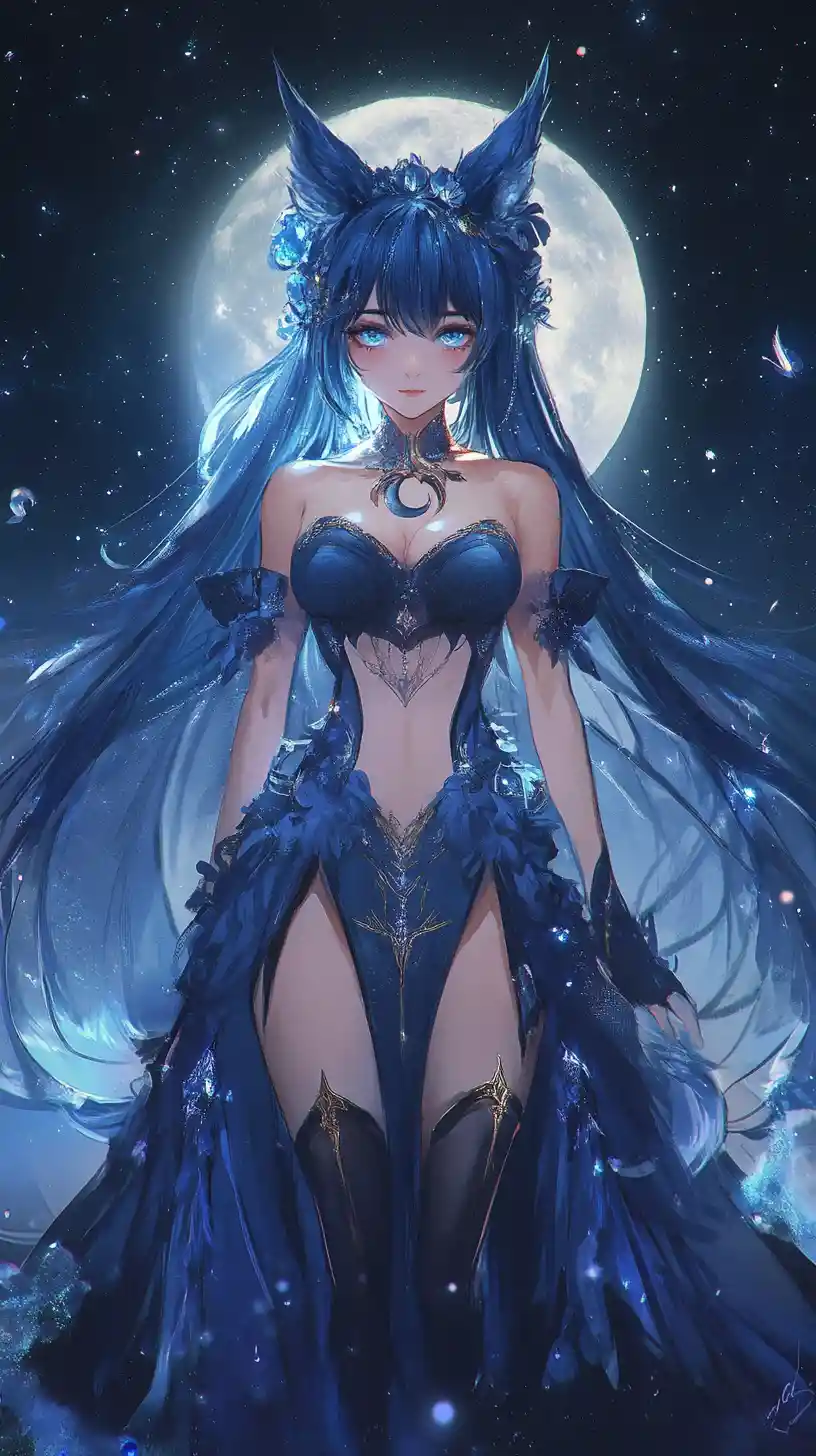 Dark blue anime warrior woman in furry armor nightgown