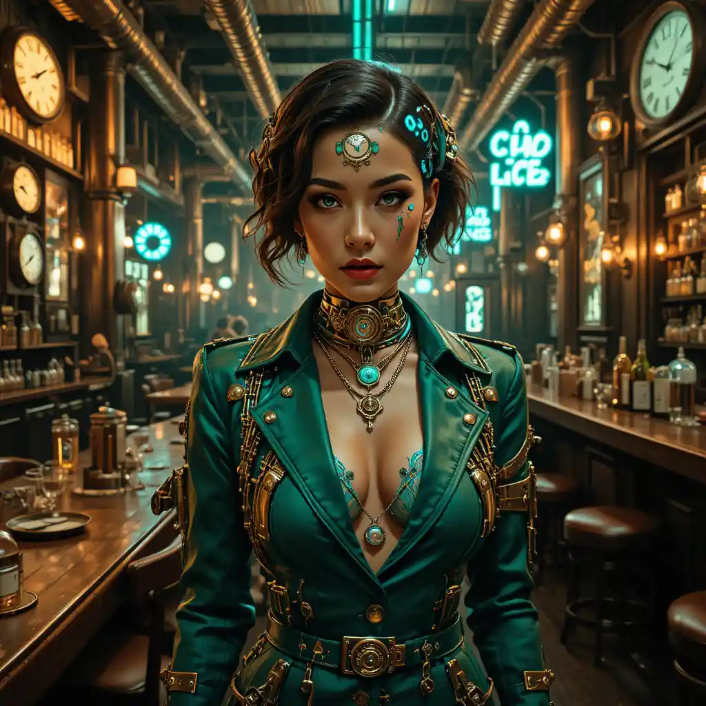 Dieselpunk cyber woman in emerald jacket in industrial bar