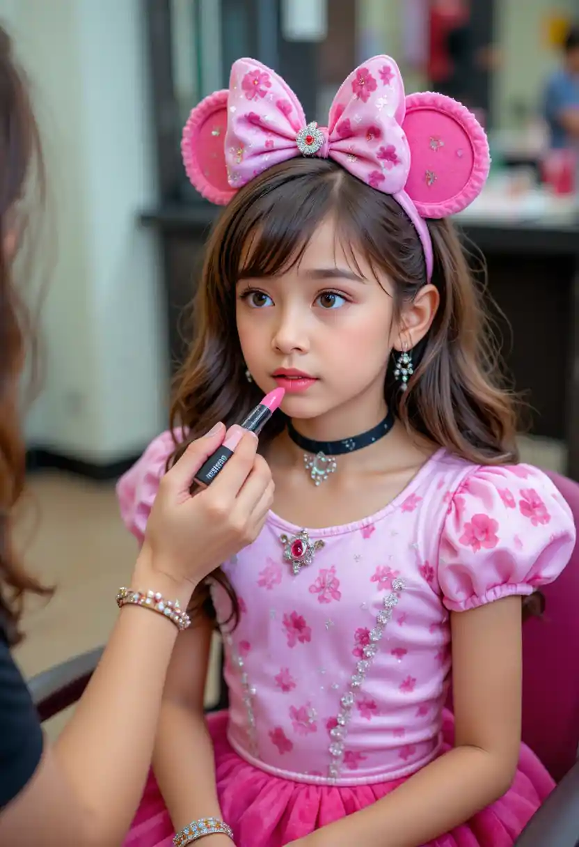 Nervous boy in pink Minnie dress getting lipstick applied