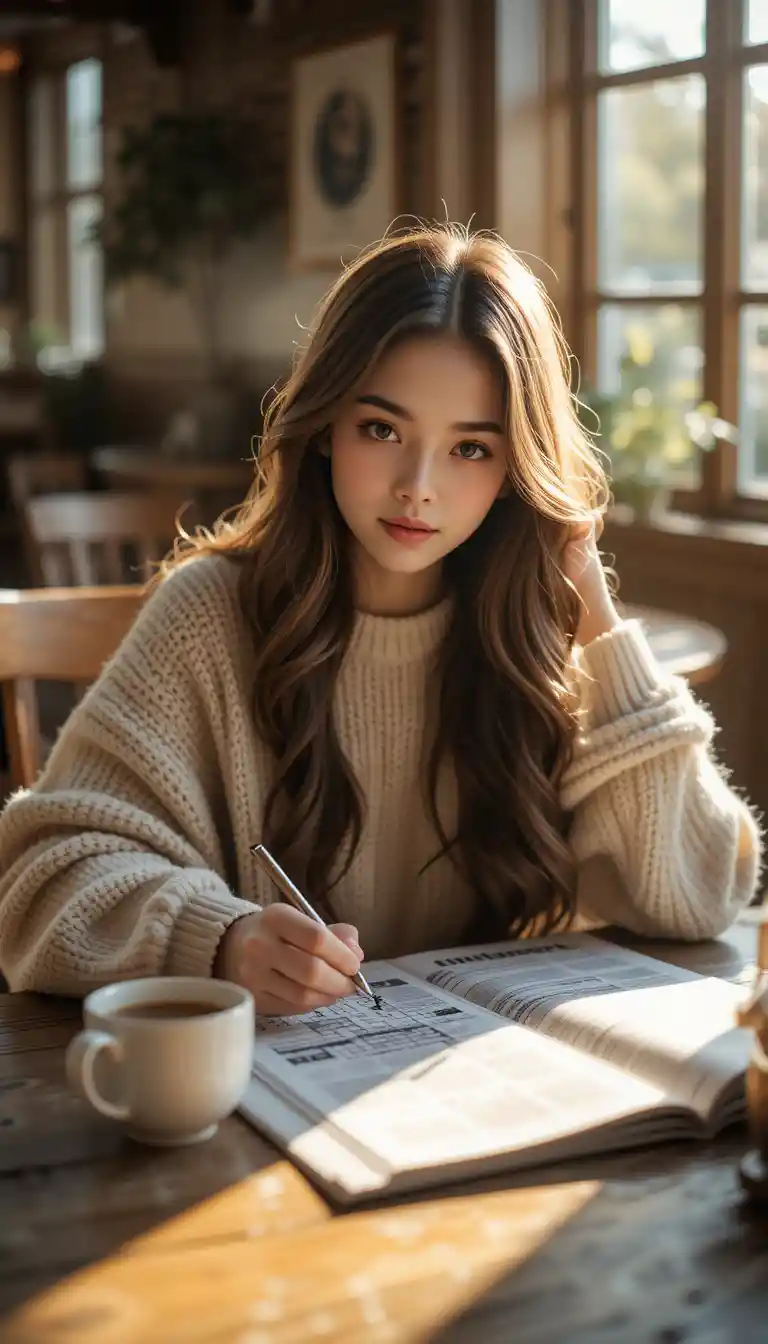 Young woman solving crossword at rustic wooden table