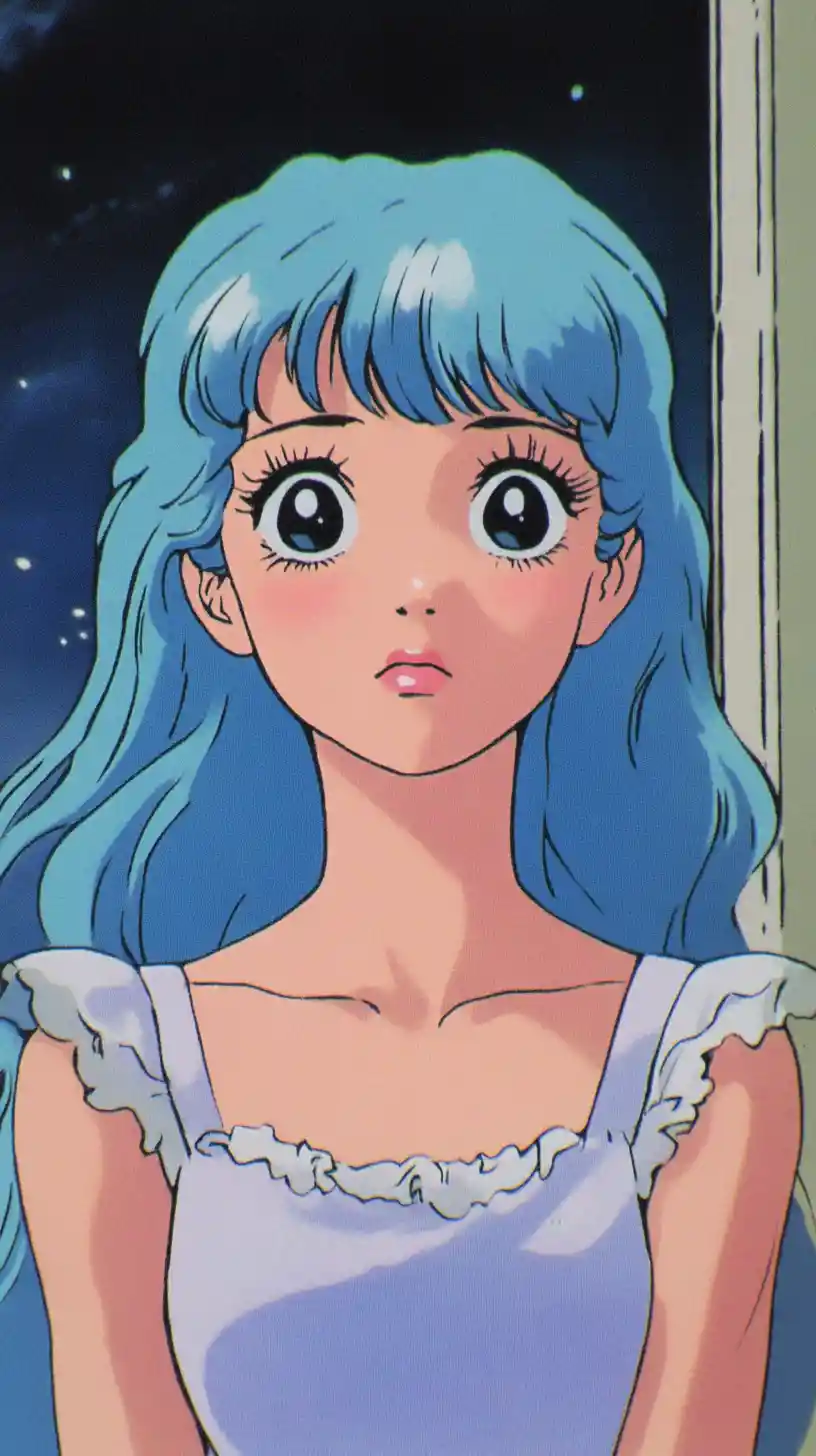 Blue haired anime girl in a flowing vintage nightgown