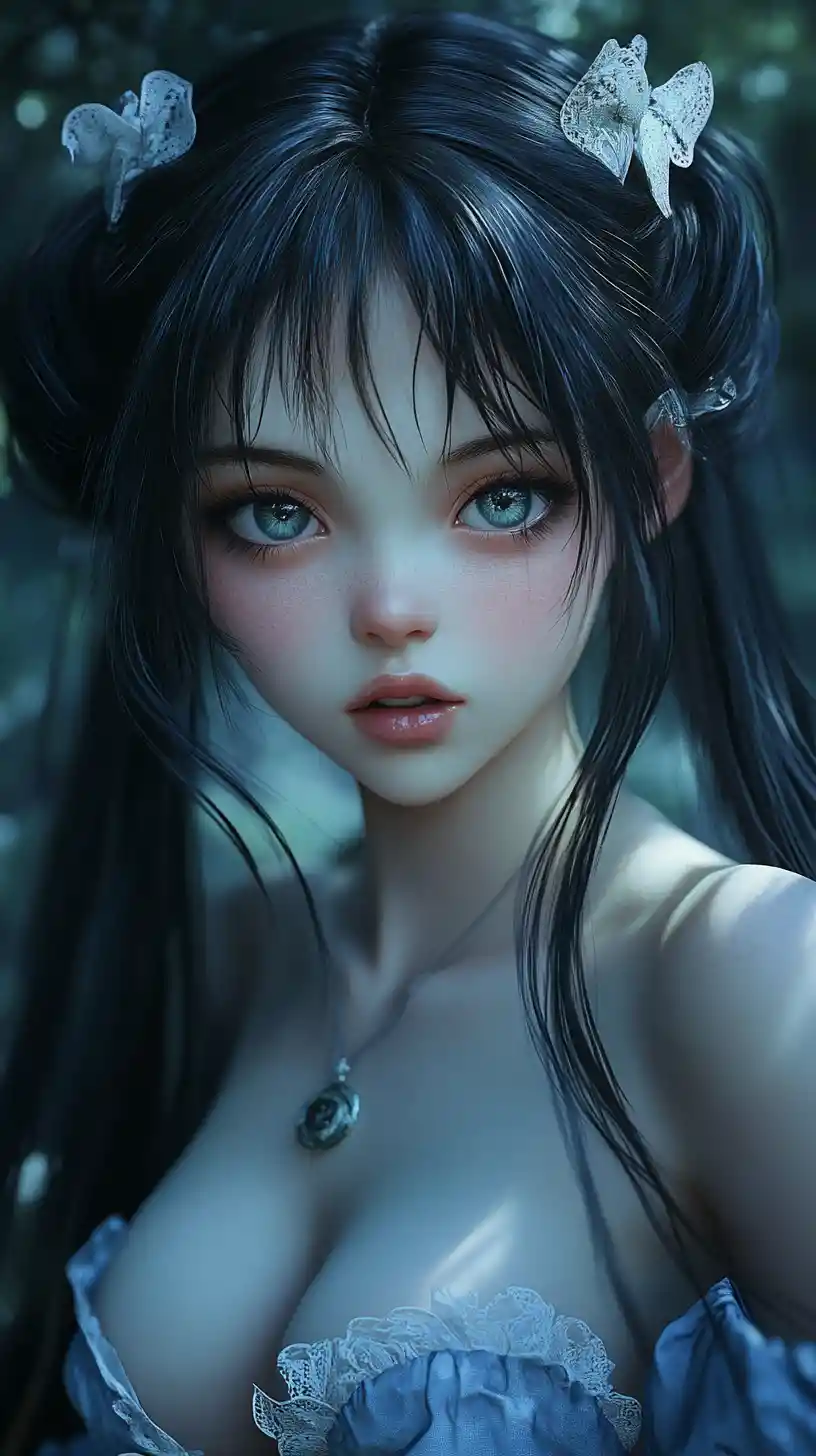 Anime woman in vintage nightgown with playful close up gaze