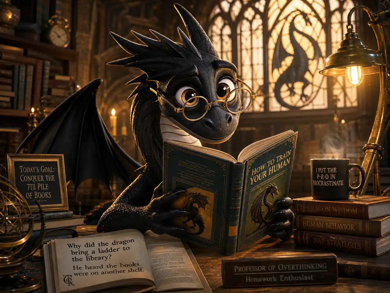 Cheerful 3D bookish cat smiling over tiny reading glasses