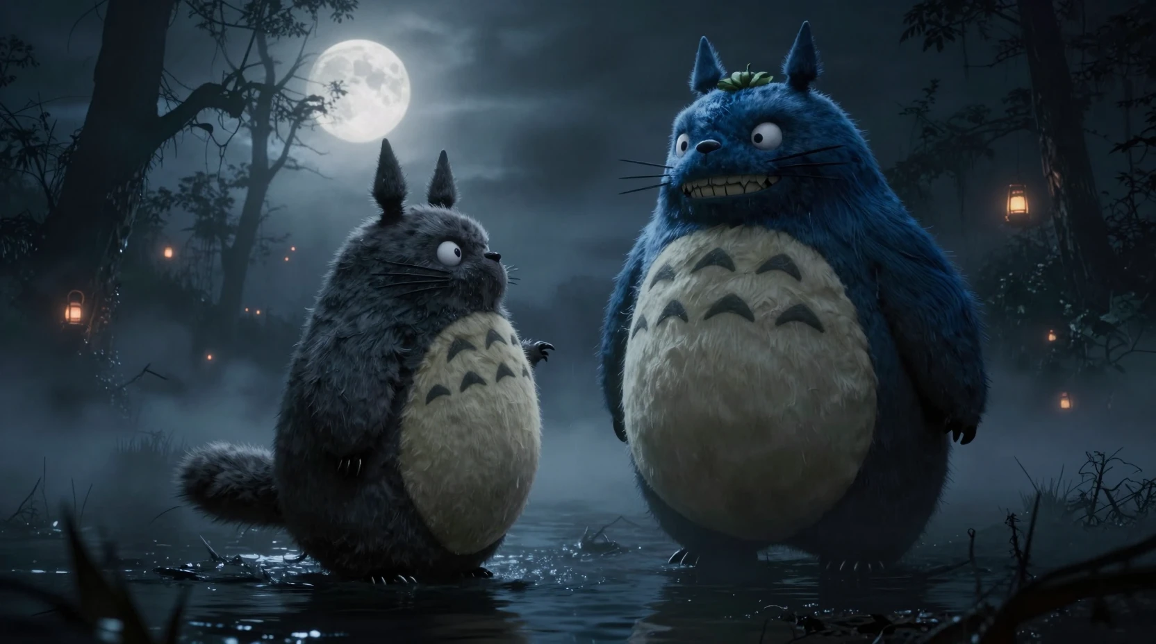 Gigantic Monsters Confronting In A Dark Foggy Swamp