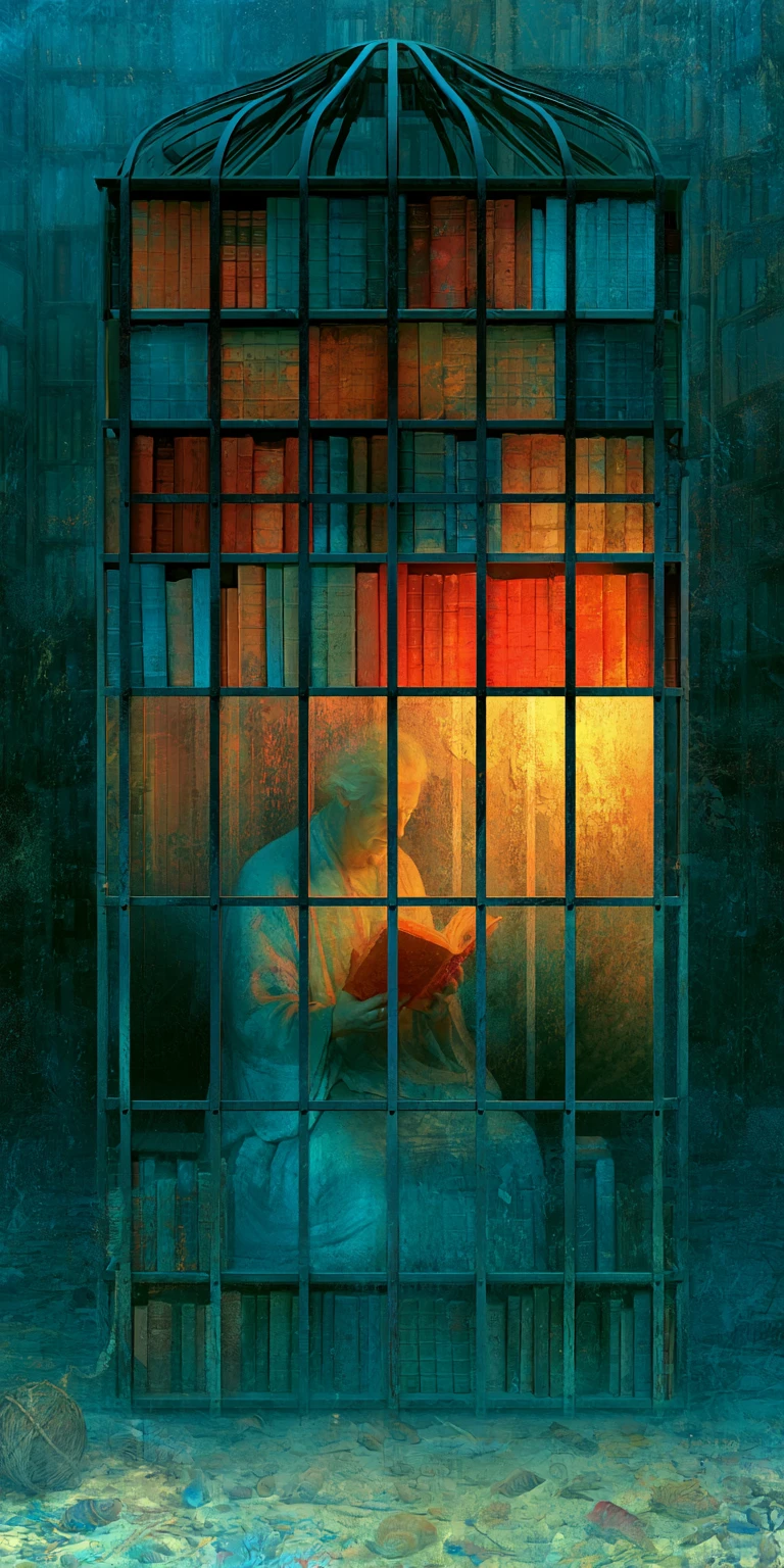 Surreal captive woman in a mysterious drowned library interior