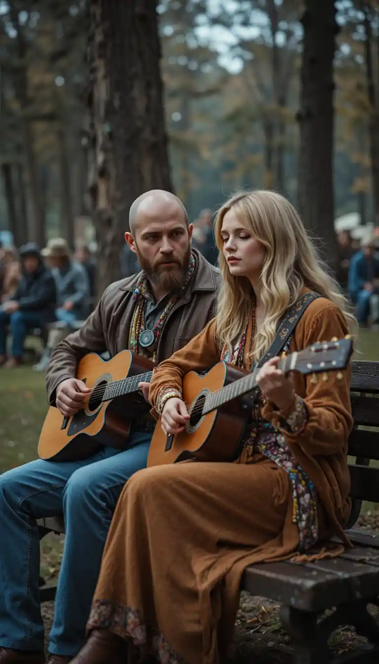 Hippie couple playing guitar on a park bench at Woodstock