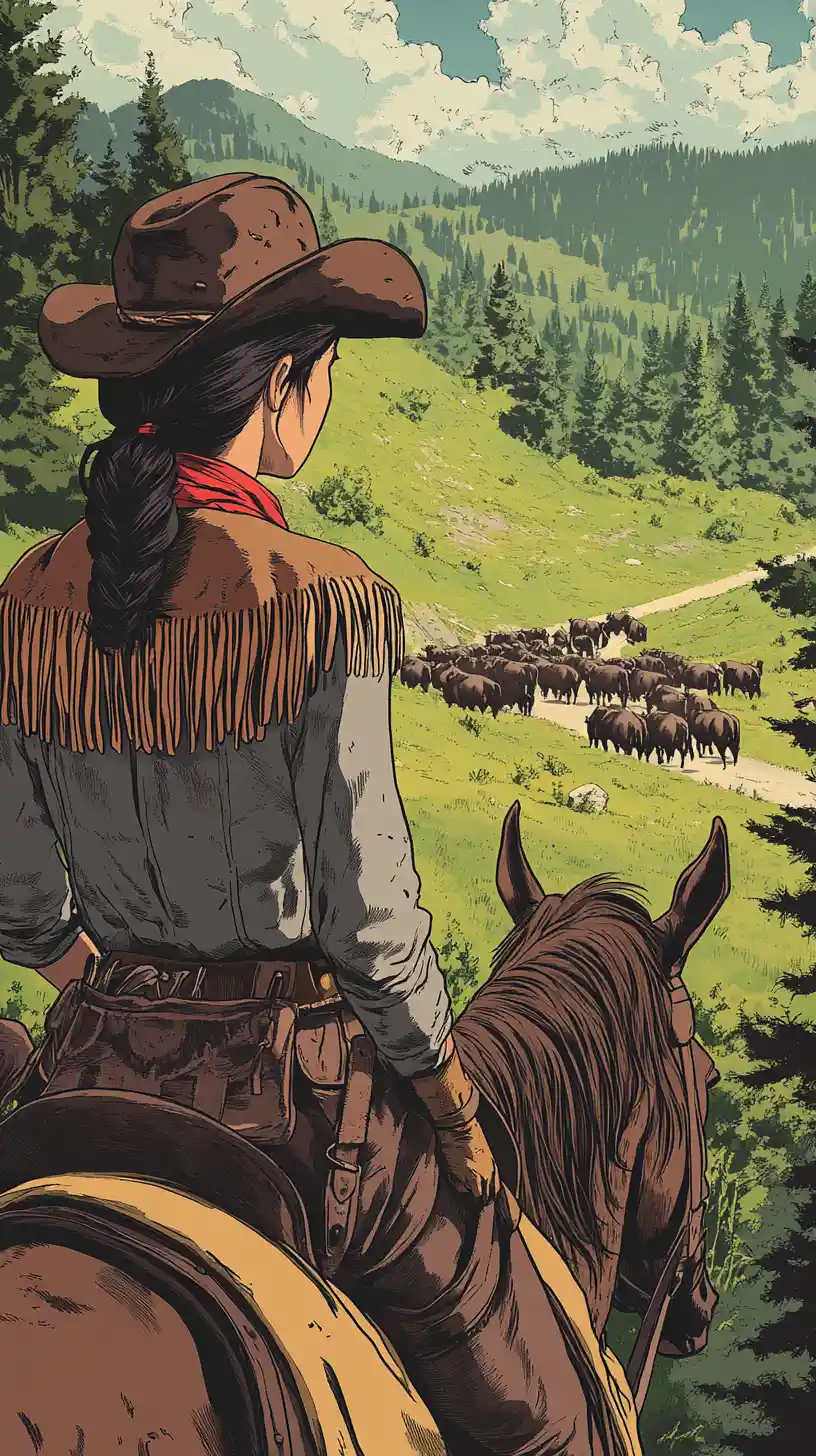 Cowgirl on horseback overlooking buffalo in forested valley