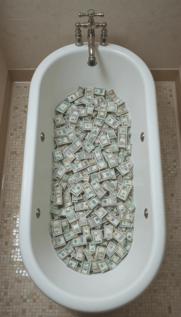 Bathtub Filled With Cash Viewed From Above In Neutral Bathroom