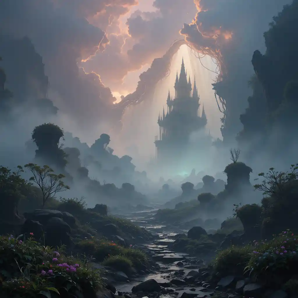 Mystical landscape with ethereal fog and dramatic light