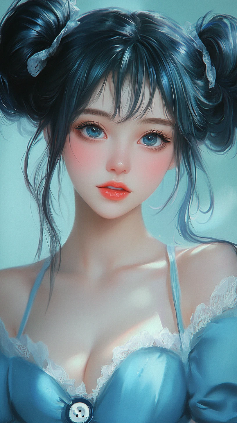 Anime woman in blue vintage nightgown with twin tails