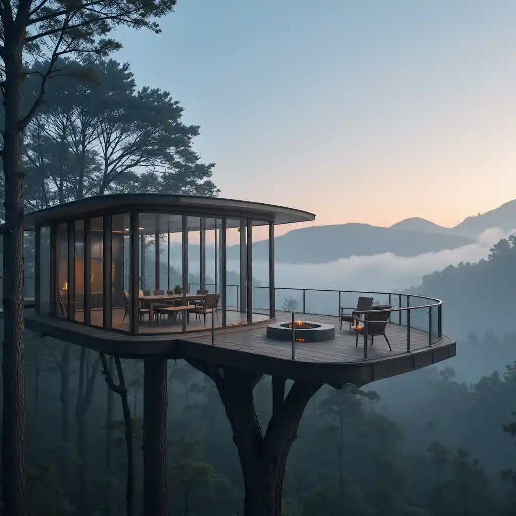 Modern luxury treehouse above misty mountains at sunrise