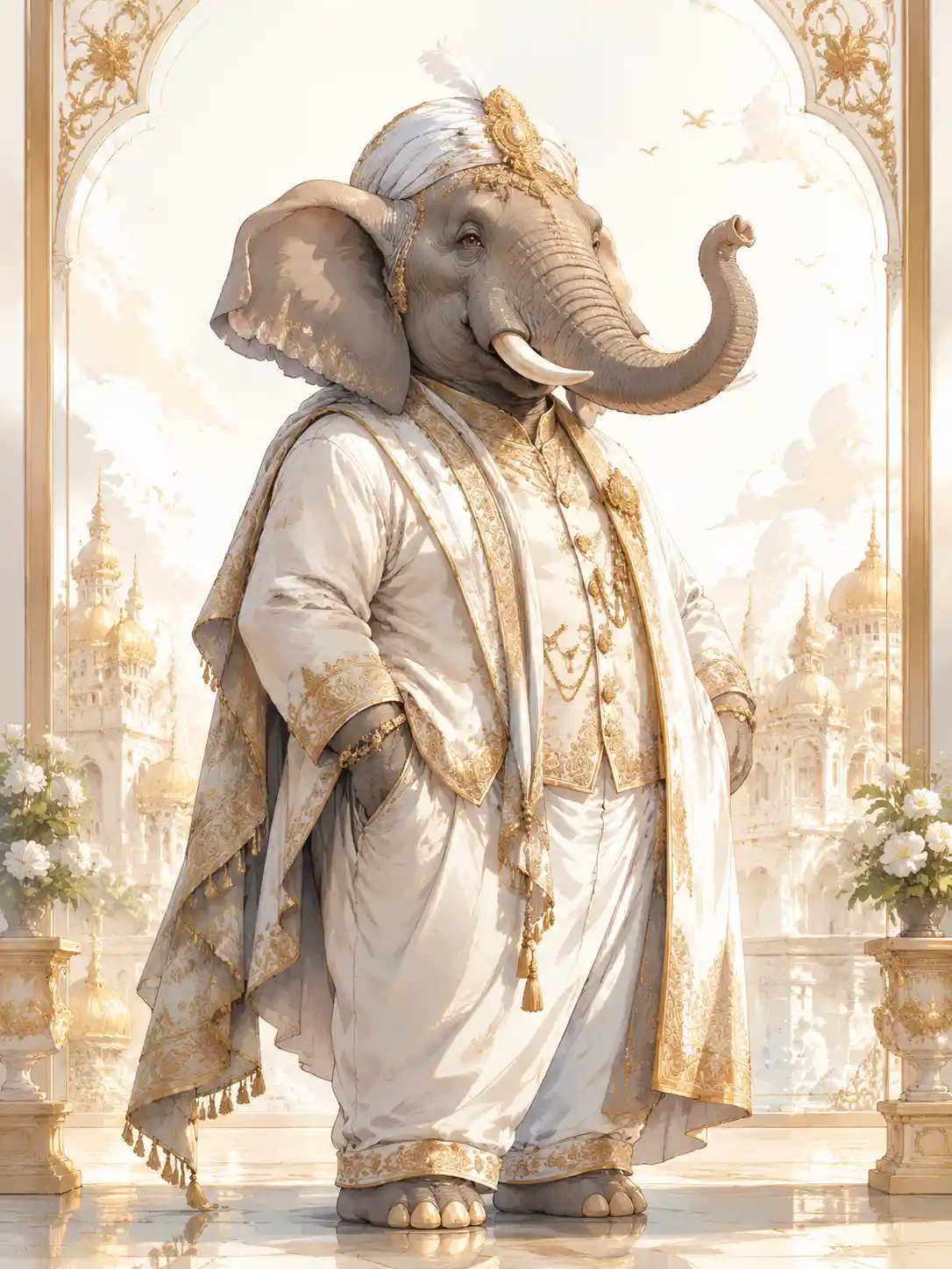 Elegant elephant in flowing white attire line art illustration