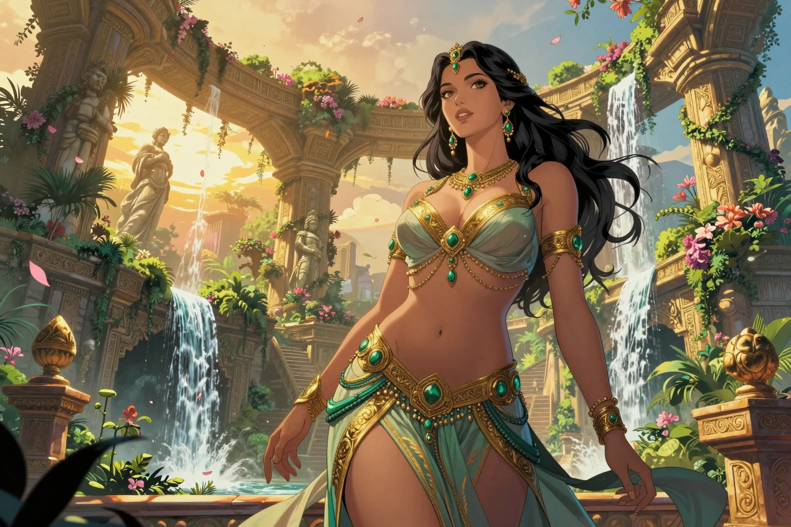 Majestic fantasy queen above lush ancient garden terraces