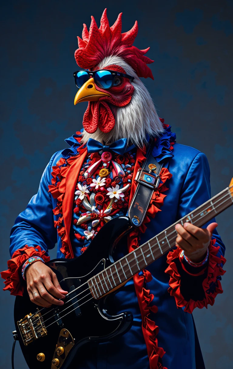 Stylish professor chicken playing a black bass guitar