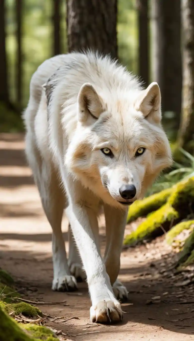 White wolf walking along a sunny path in the forest