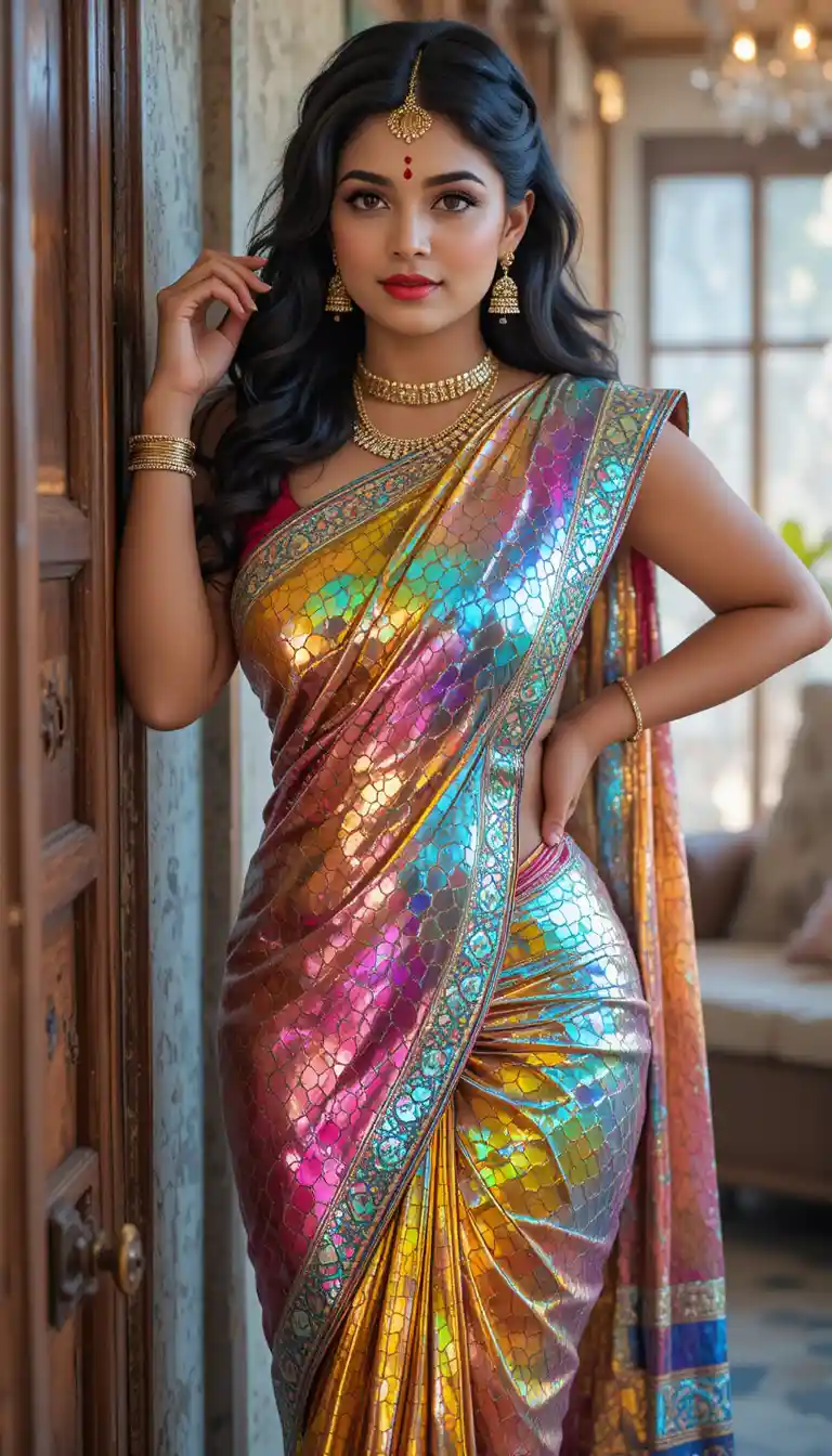 Indian woman in glossy saree bending at the waist indoors