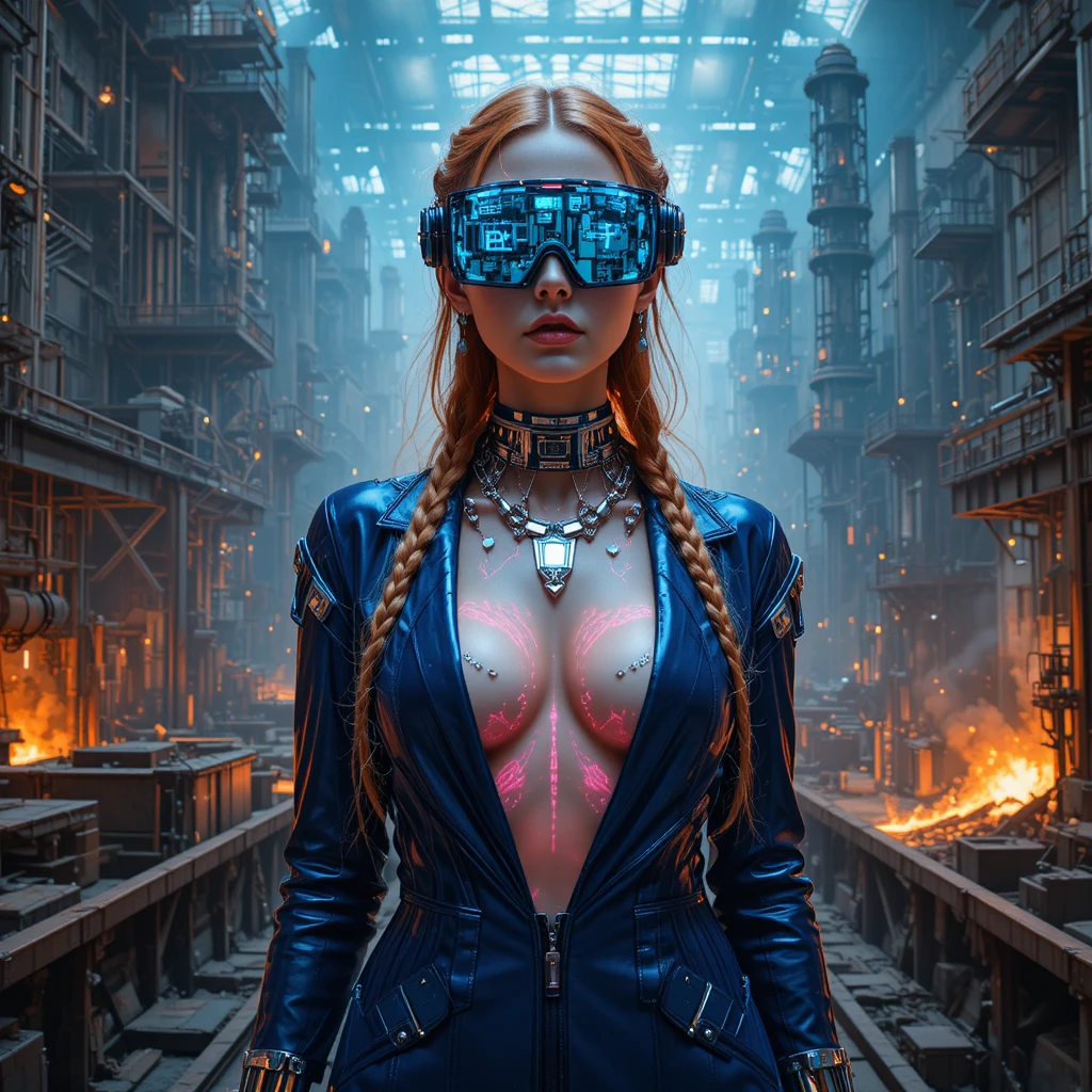 Cyberpunk woman in glitching industrial foundry portrait