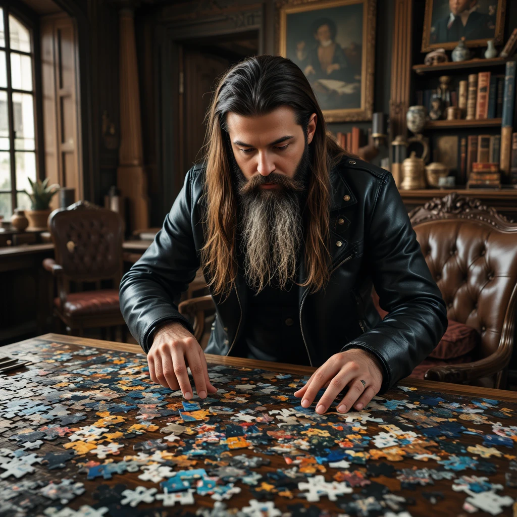 Bearded man solving a large jigsaw puzzle in a study