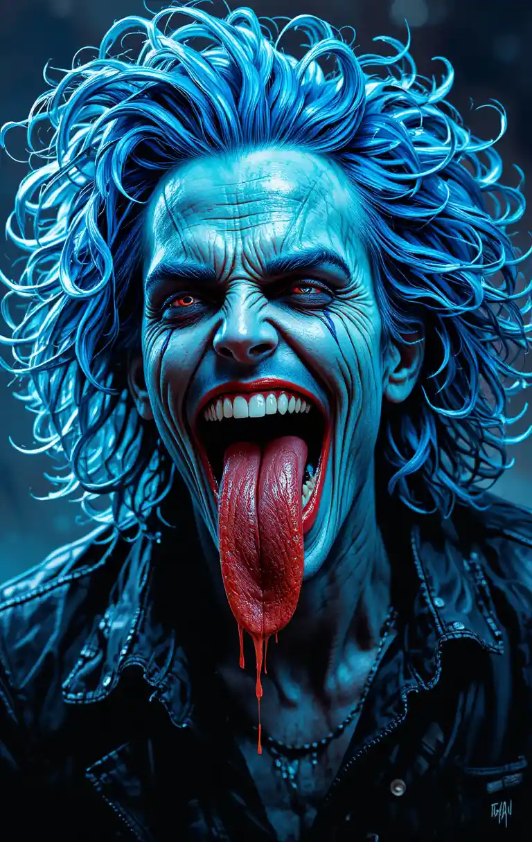 Creepy man with blue curly hair laughing in defiance