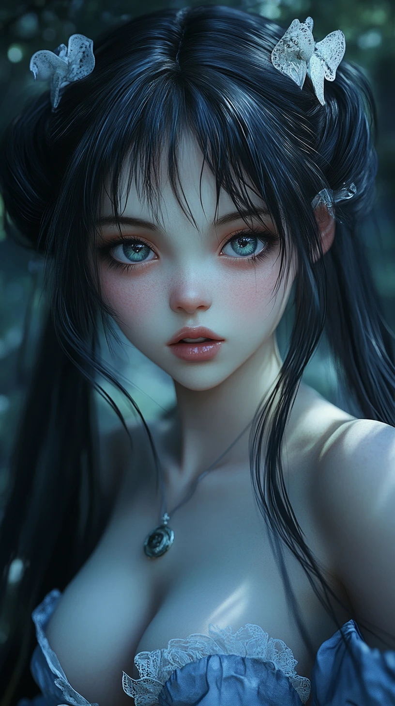 Anime woman in vintage nightgown with playful close up gaze