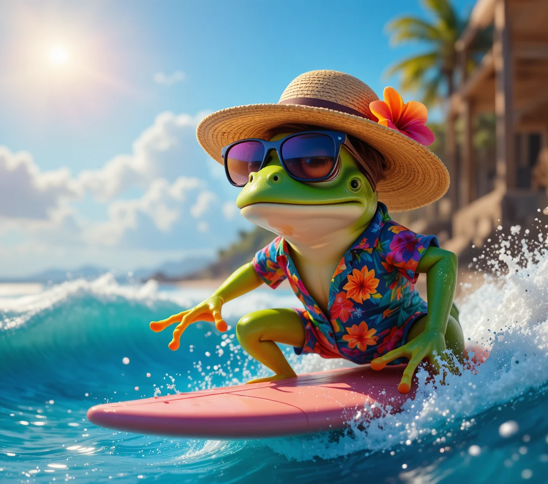 Pixar style frog surfing bright blue waves at the beach