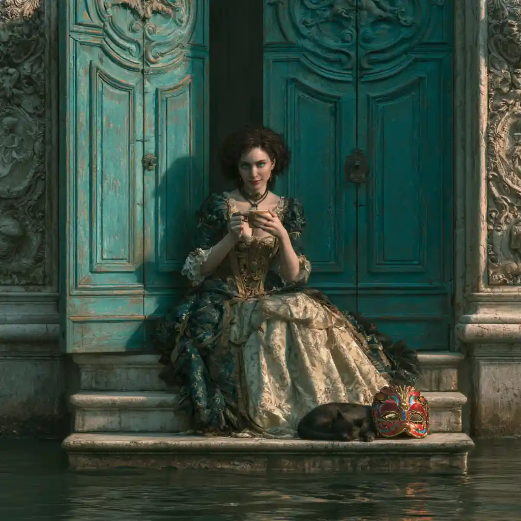 Venetian fantasy woman sipping coffee by turquoise canal doorway