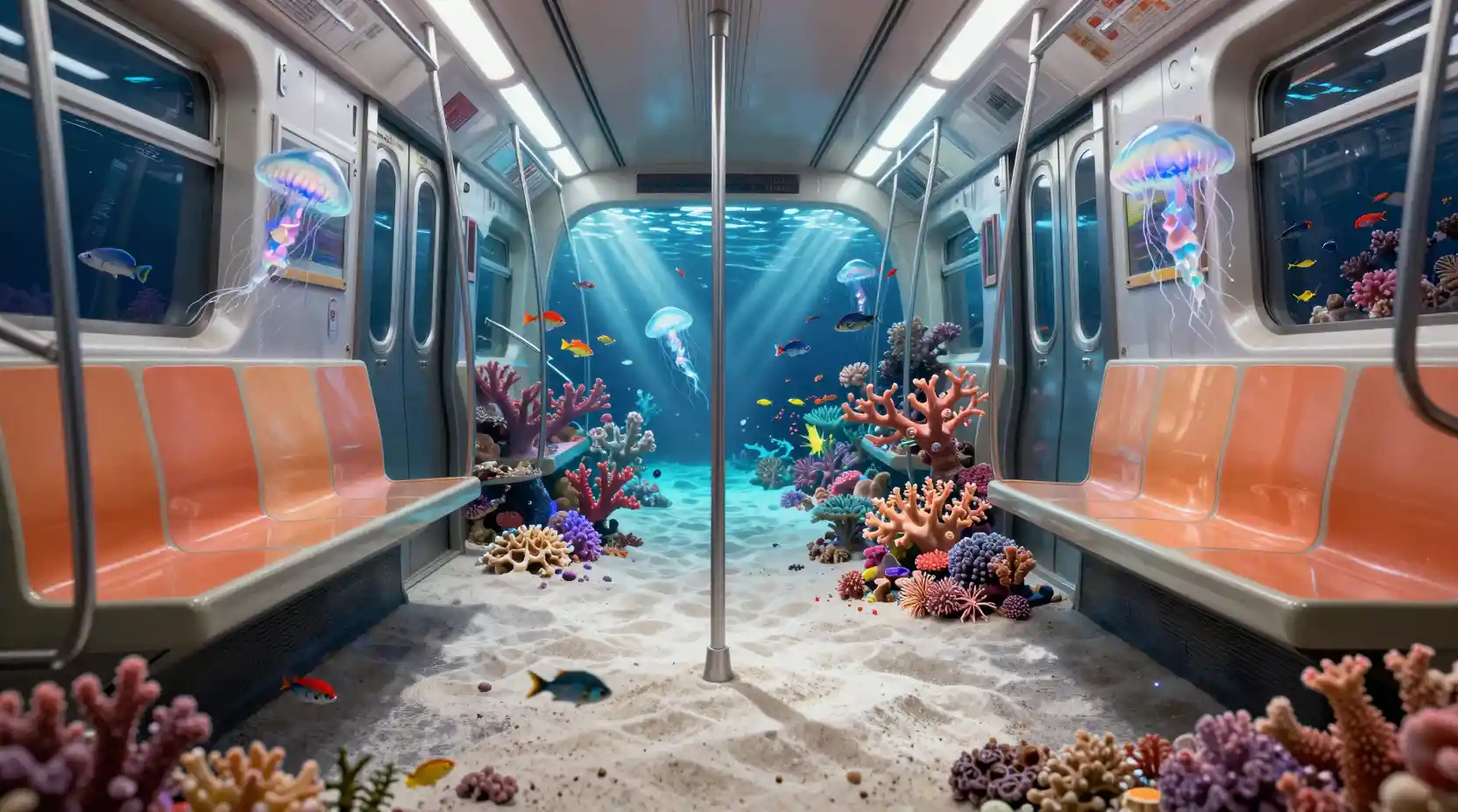 Surreal subway interior merged with glowing coral reef
