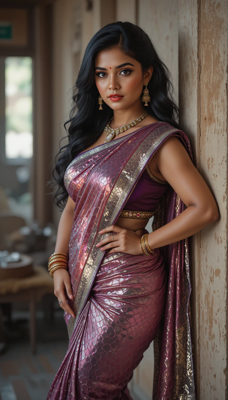 Indian woman in glossy saree leaning in traditional interior