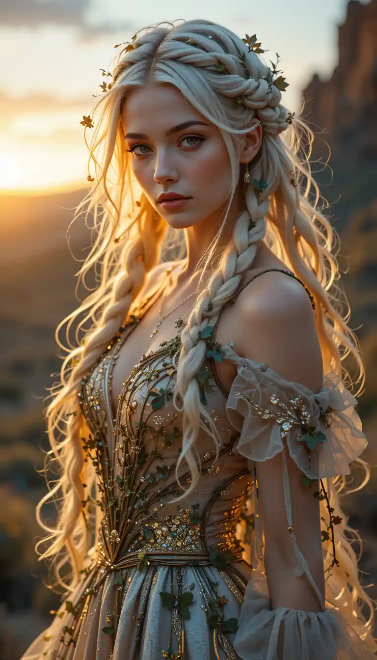 Enchanted fantasy cowgirl in glowing vine covered gown
