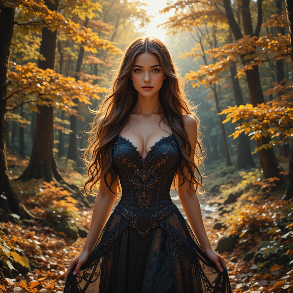 Serene woman in gothic dress in a glowing autumn forest