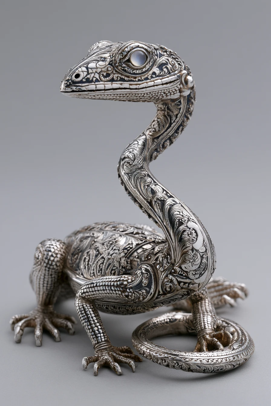 Silver dinosaur figurine with moonstone eyes in studio