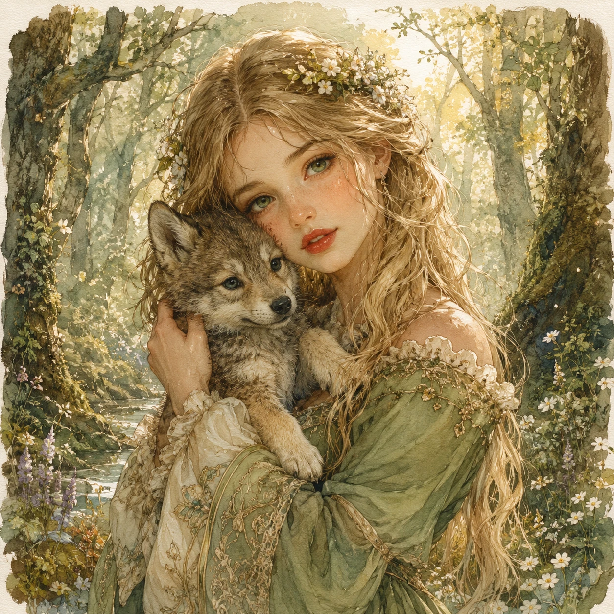 Dreamy girl with wolf cub in an enchanted forest