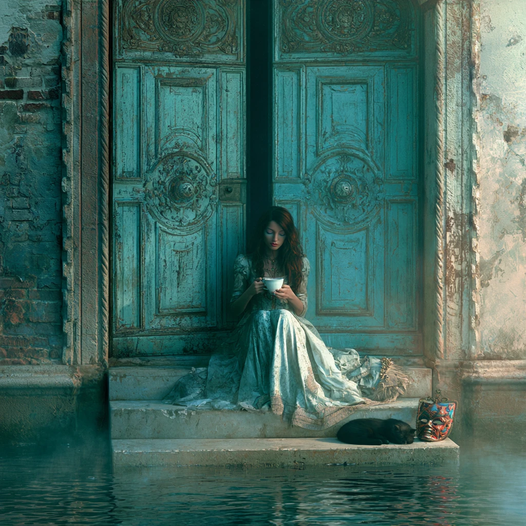 Venetian fantasy woman with cat by turquoise palazzo door
