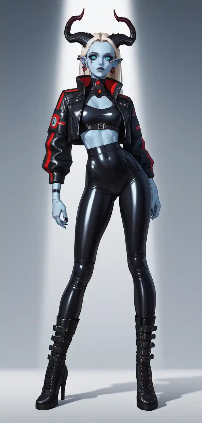 Confident tiefling woman in latex and leather fashion
