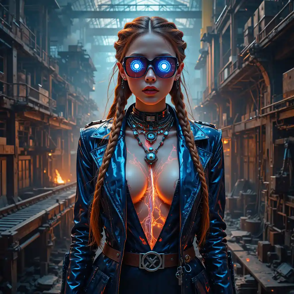 Cyberpunk-Frau im glitschenden Porträt einer Industrie-Gießerei