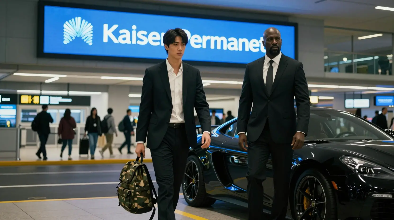 Suspenseful meeting outside a modern international airport