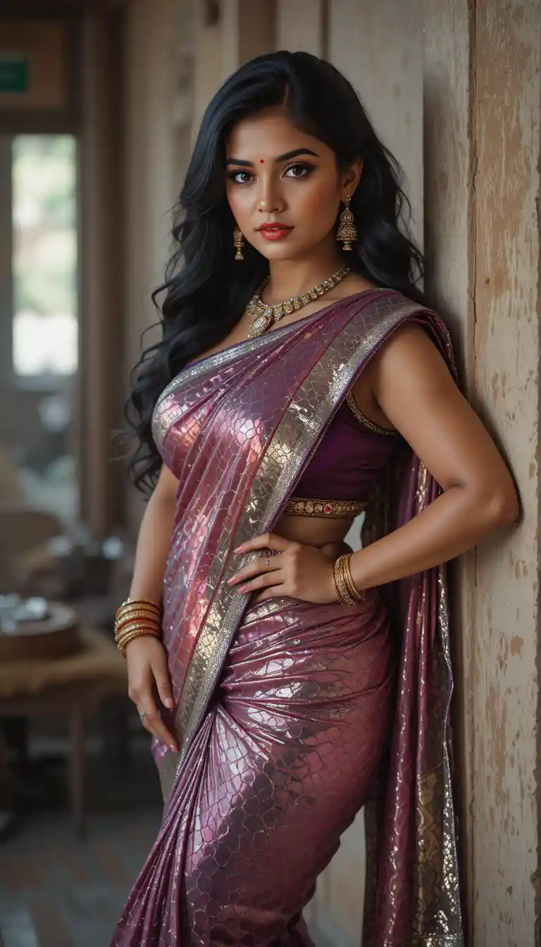 Indian woman in glossy saree leaning in traditional interior