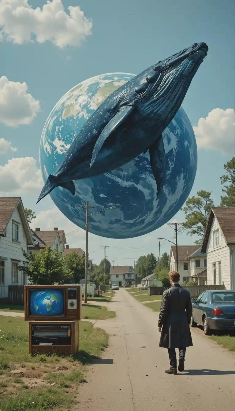 Surreal whale floating above a village with a looming earth
