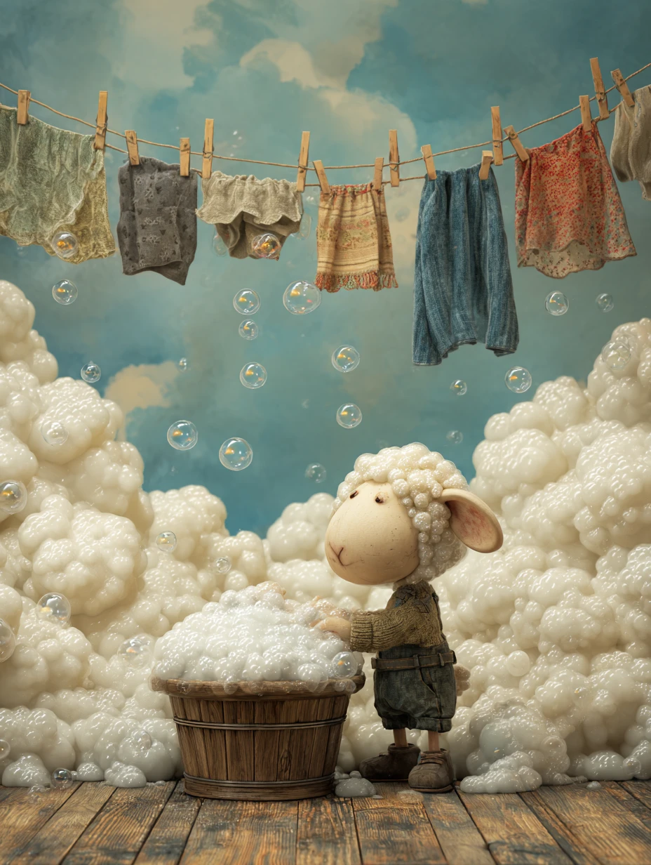 Ovejas fantásticas lavando ropa en una habitación celestial de ensueño