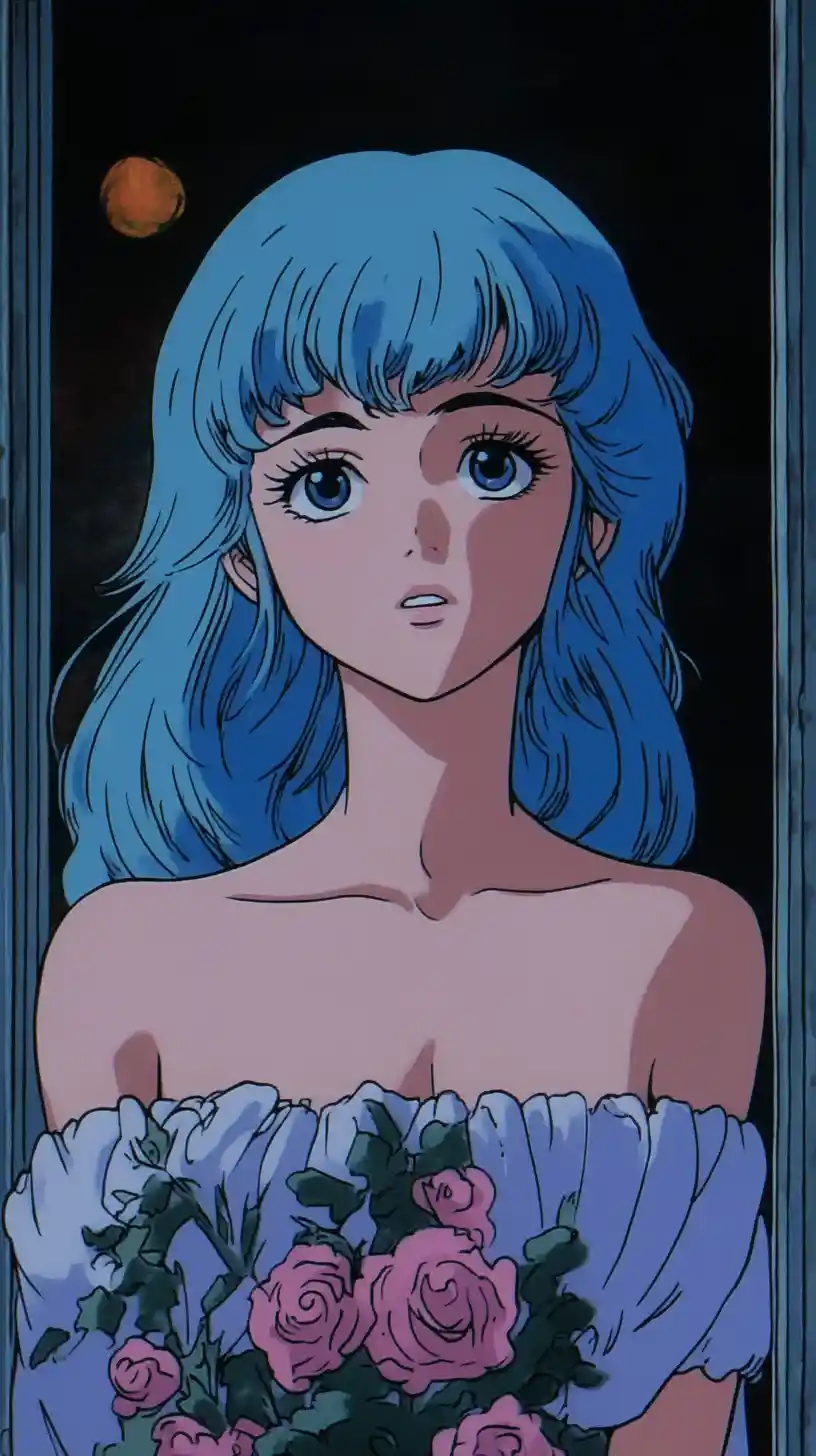 Blue haired anime girl in a flowing vintage nightgown